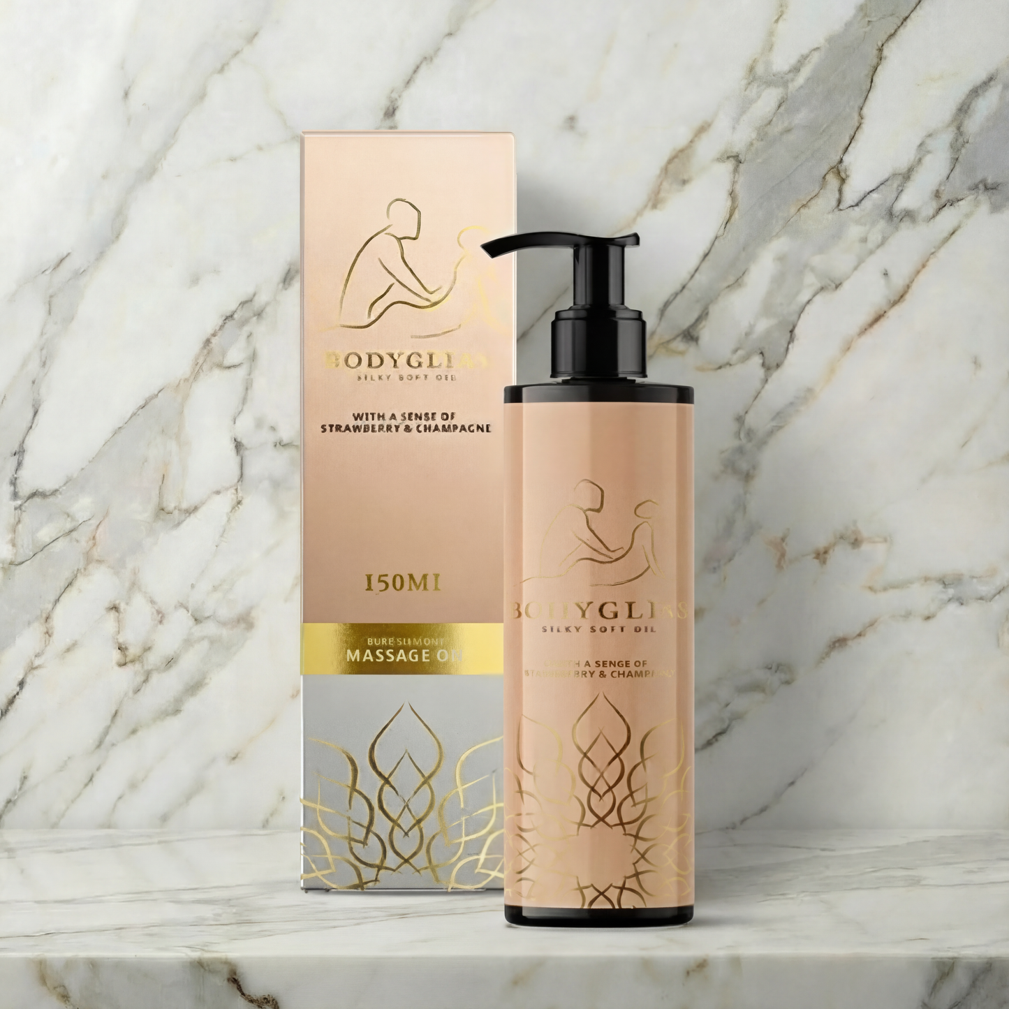 Bodygliss Massage Olie Delight fles van 150ml met pomp dispenser op neutrale achtergrond