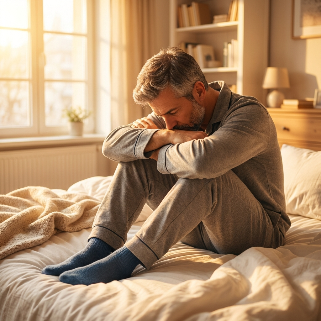 Man zit gefrustreerd op bed en piekert over vroegtijdige zaadlozing en intimiteitsproblemen