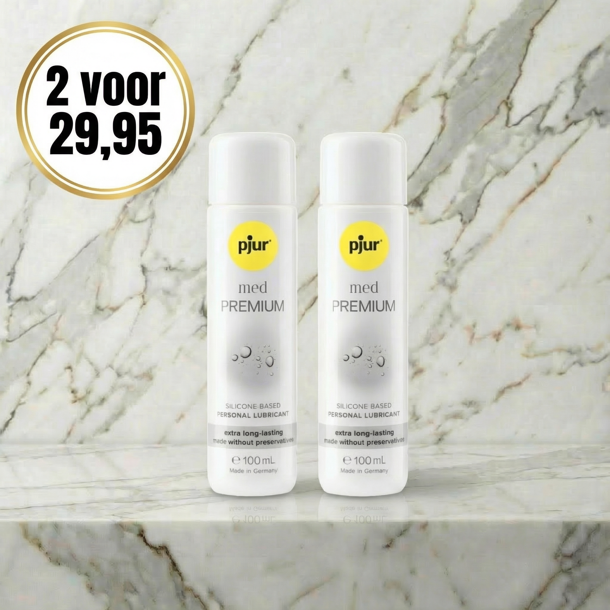 Dubbelverpakking Pjur Med Premium Glide glijmiddel op witte achtergrond, medische kwaliteit