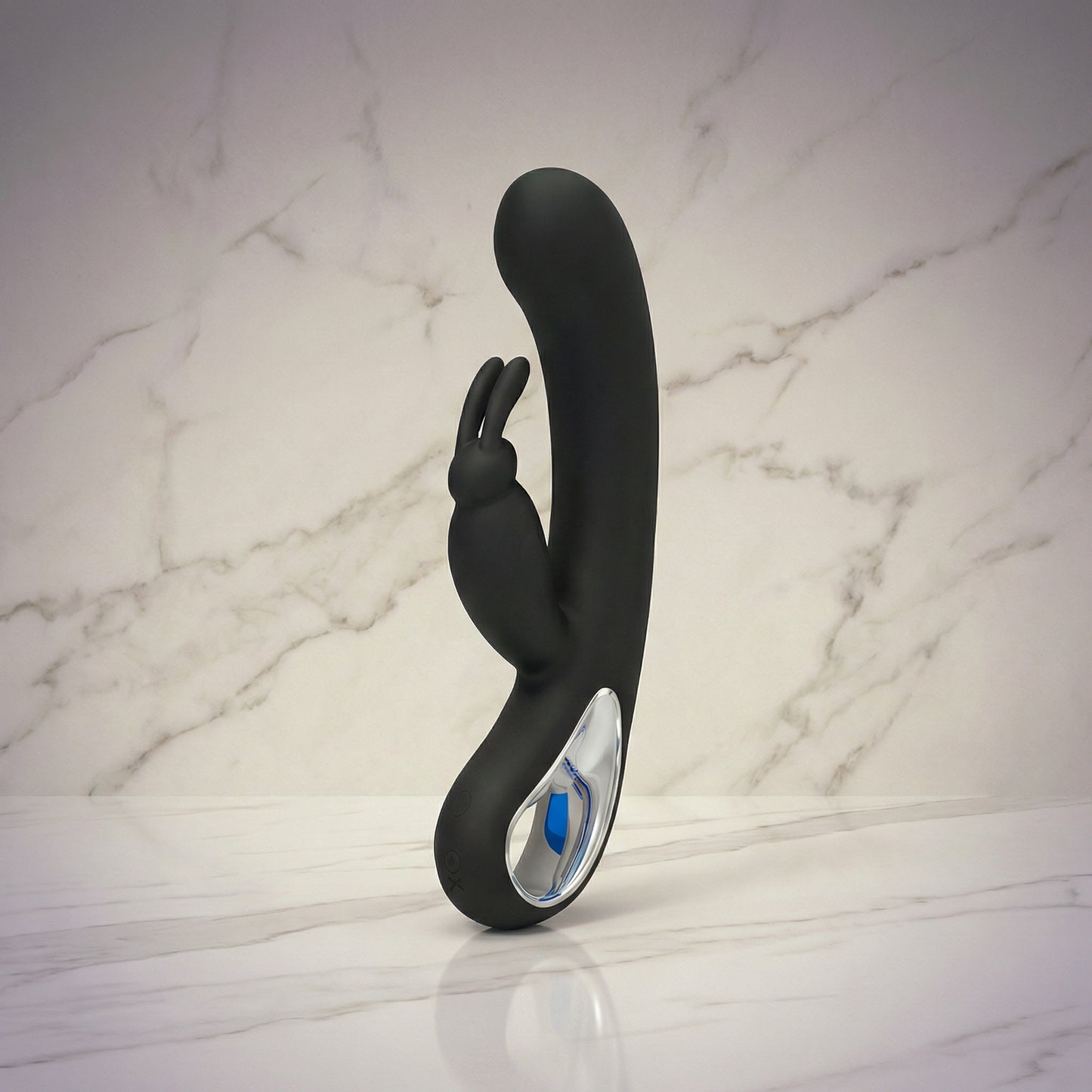 Luxe zwarte rabbit vibrator met clitorisstimulator en chromen handvat