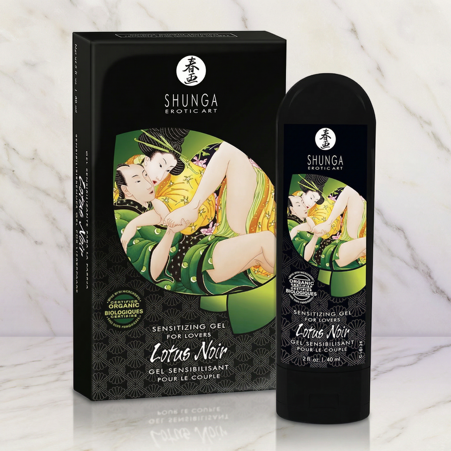 Shunga Lotus Noir stimulerende gel tube op witte achtergrond met elegante zwarte en gouden verpakking