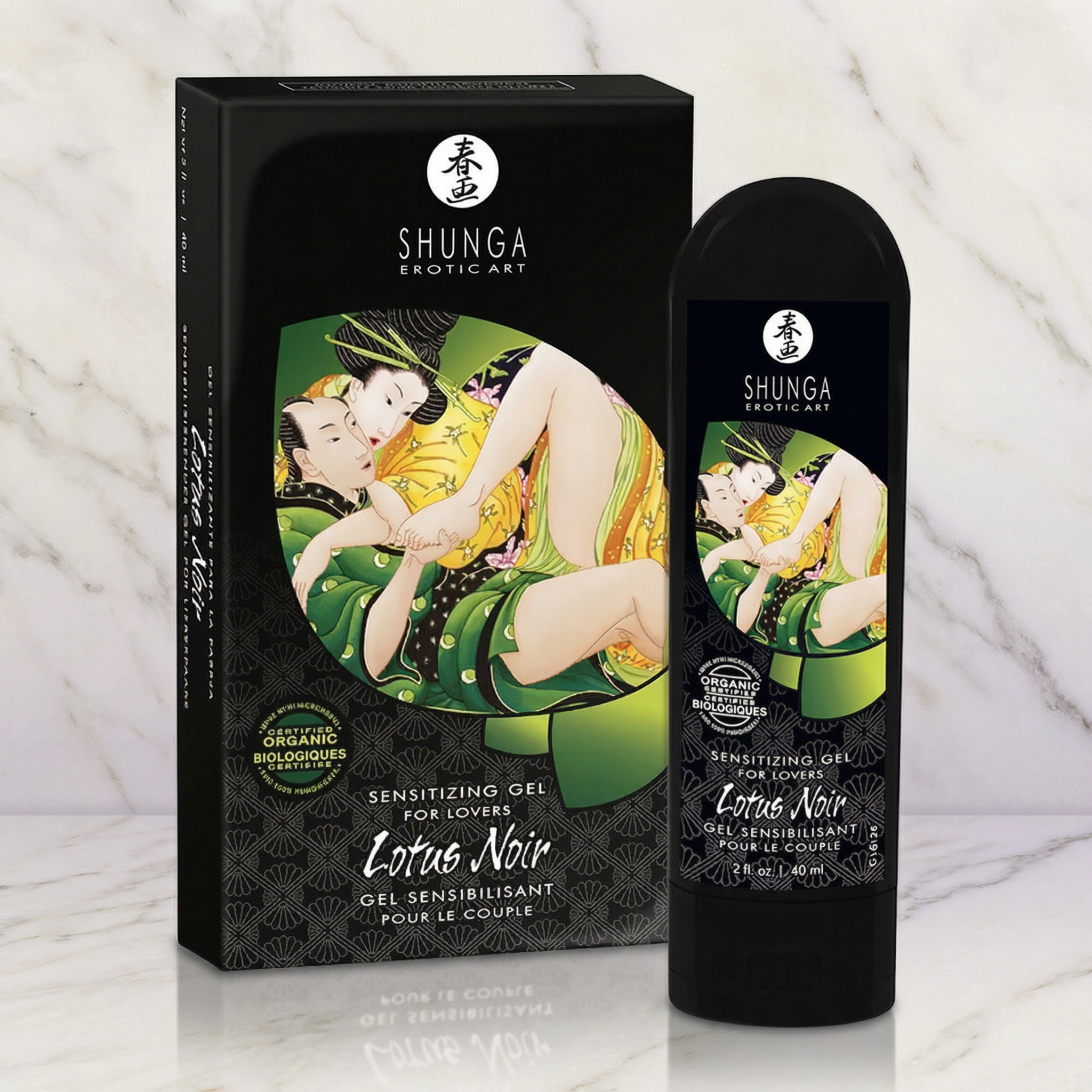 Shunga Lotus Noir stimulerende gel tube op witte achtergrond met elegante zwarte en gouden verpakking