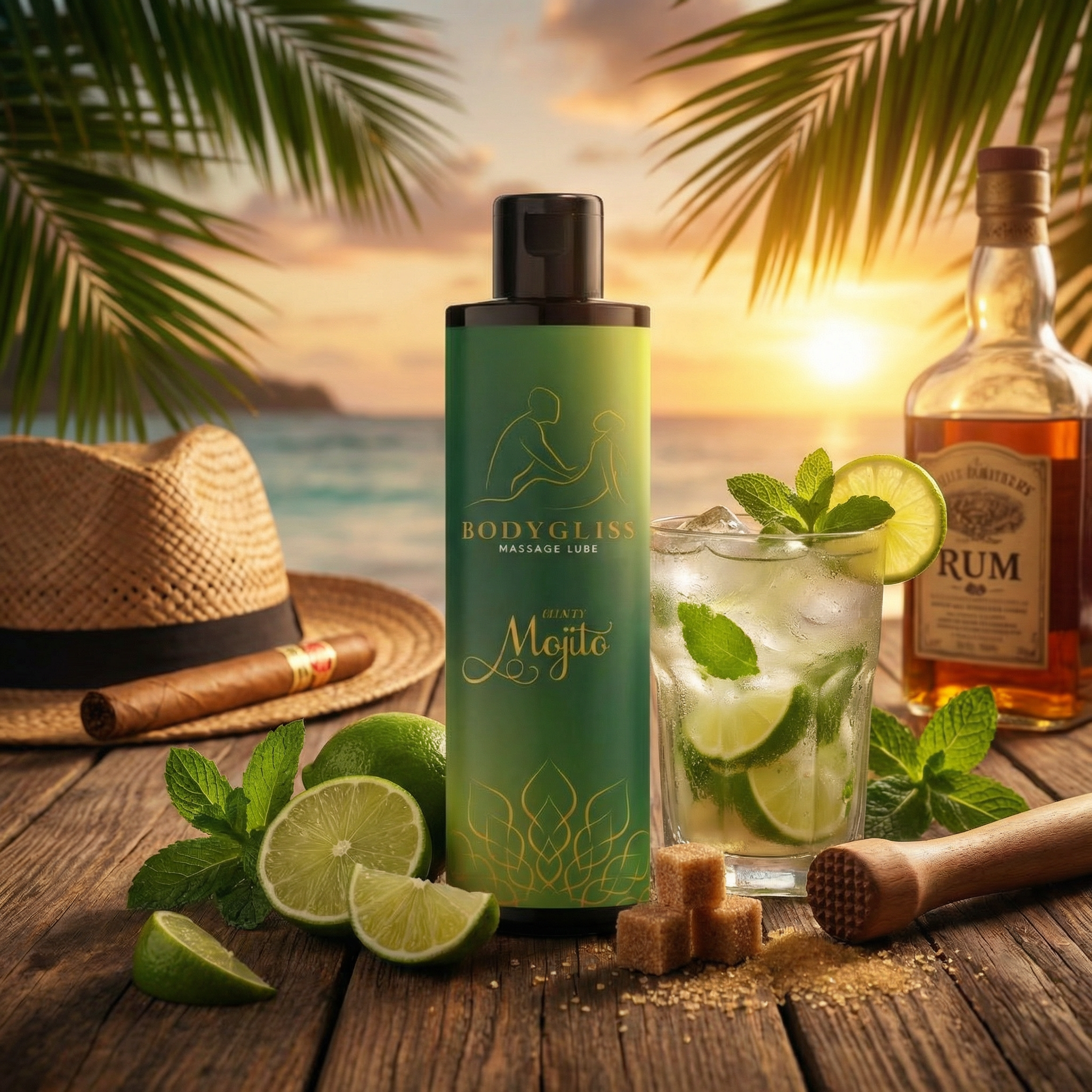 Zijaanzicht Bodygliss Mojito massage olie met productdetails en ingrediënten zichtbaar