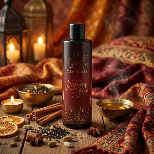 Bodygliss Chai Bliss massage olie zijaanzicht met ingrediënten en productinformatie zichtbaar