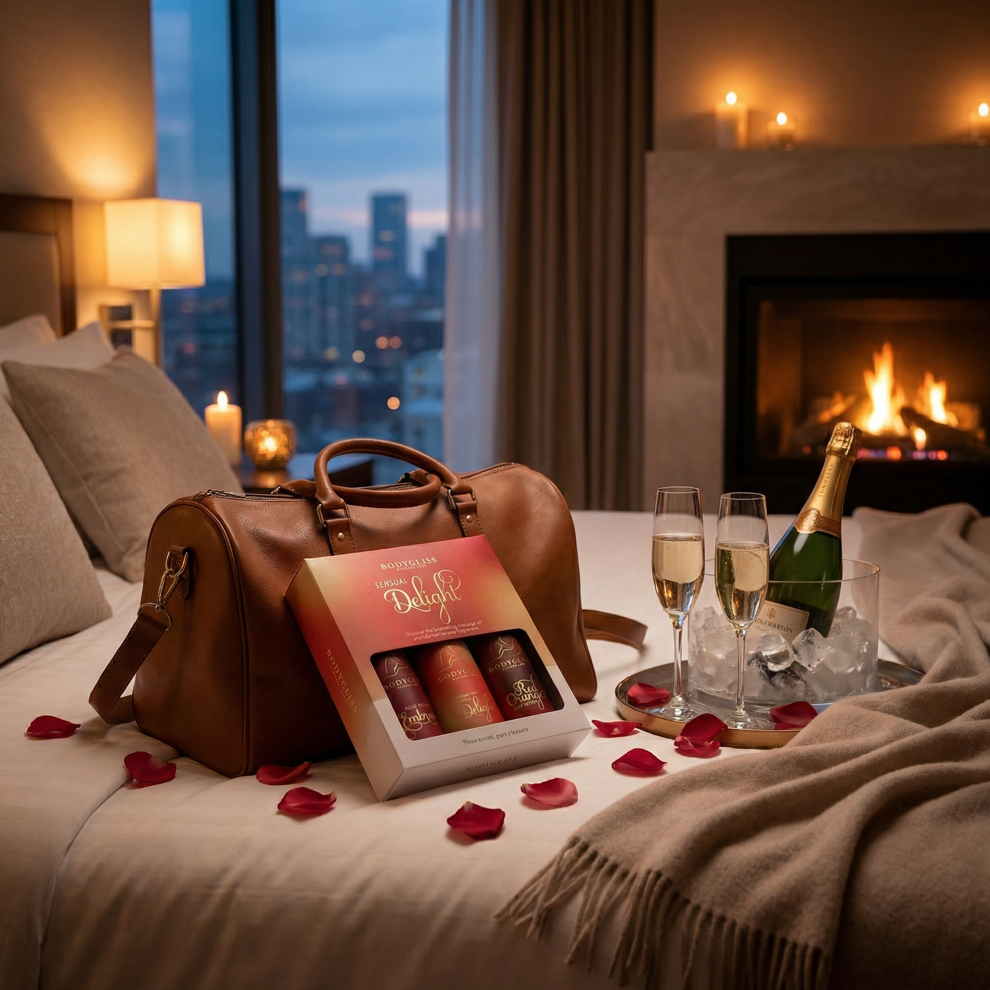 Zijaanzicht van Bodygliss travel set met drie verschillende smaken glijmiddel in compacte tubes