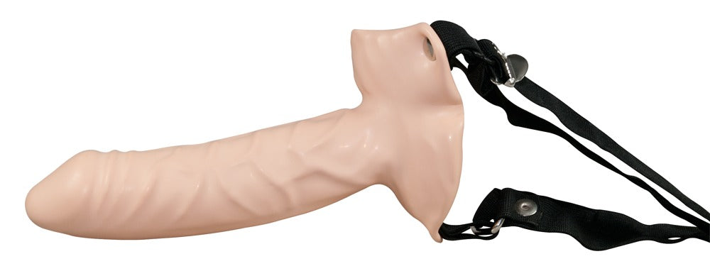 Realistische huidskleurige holle strap-on 16 cm met aderstructuur en zwart verstelbaar harnas
