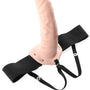 Zijaanzicht zwarte holle strap-on met verstelbare banden en ergonomische vorm, 20 cm uitvoering