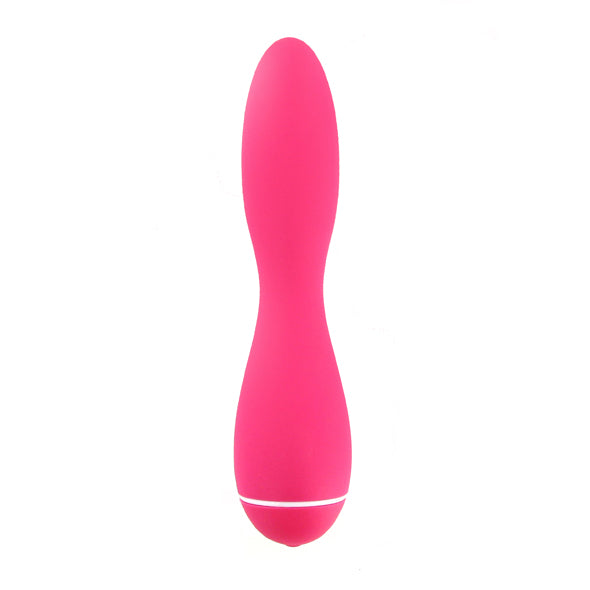 Roze slanke Jimmyjane Intro 4 vibrator met taille-ontwerp, vooraanzicht op witte achtergrond