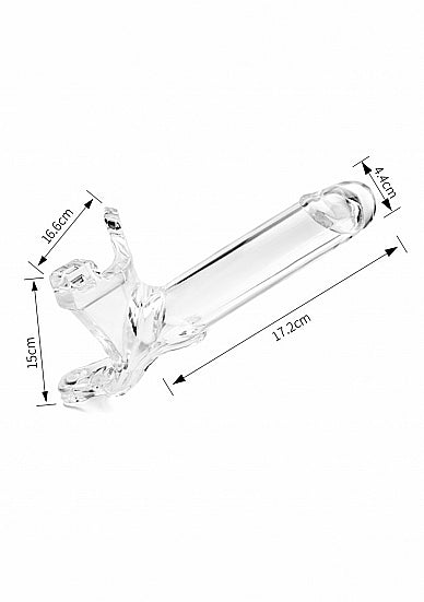 Transparante holle strap-on prothese met afmetingen: 17,2 cm lang en 4,46 cm breed