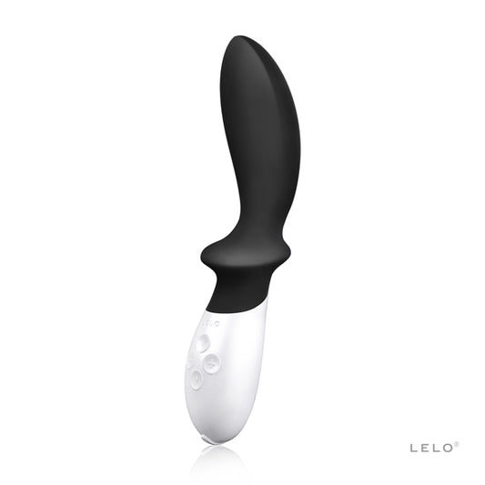 Zijaanzicht van de Lelo Loki met ergonomische curve en bedieningspaneel zichtbaar