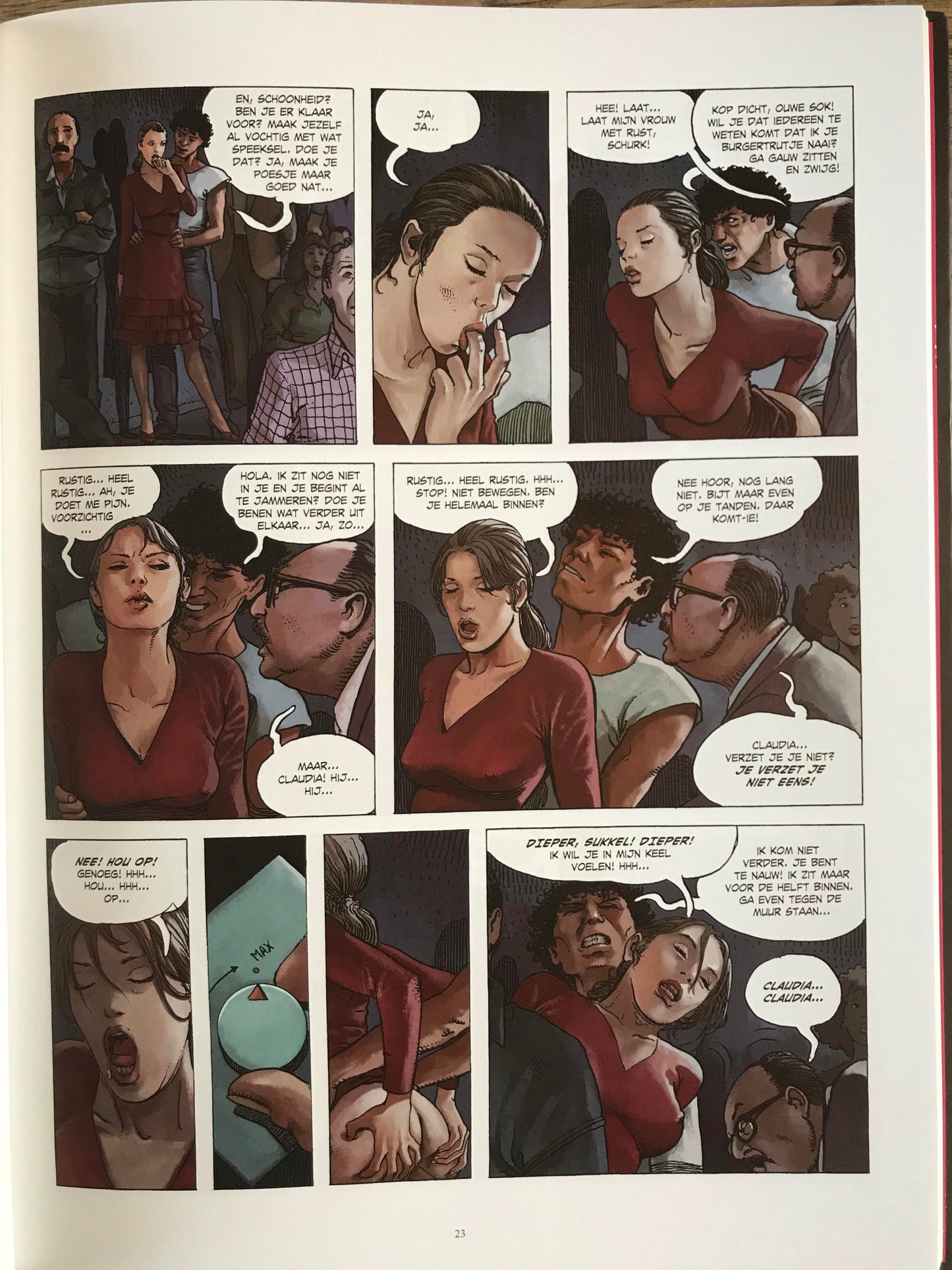 Binnenpagina uit De Schakelaar deel 2 van Milo Manara met vrouw in rode jurk