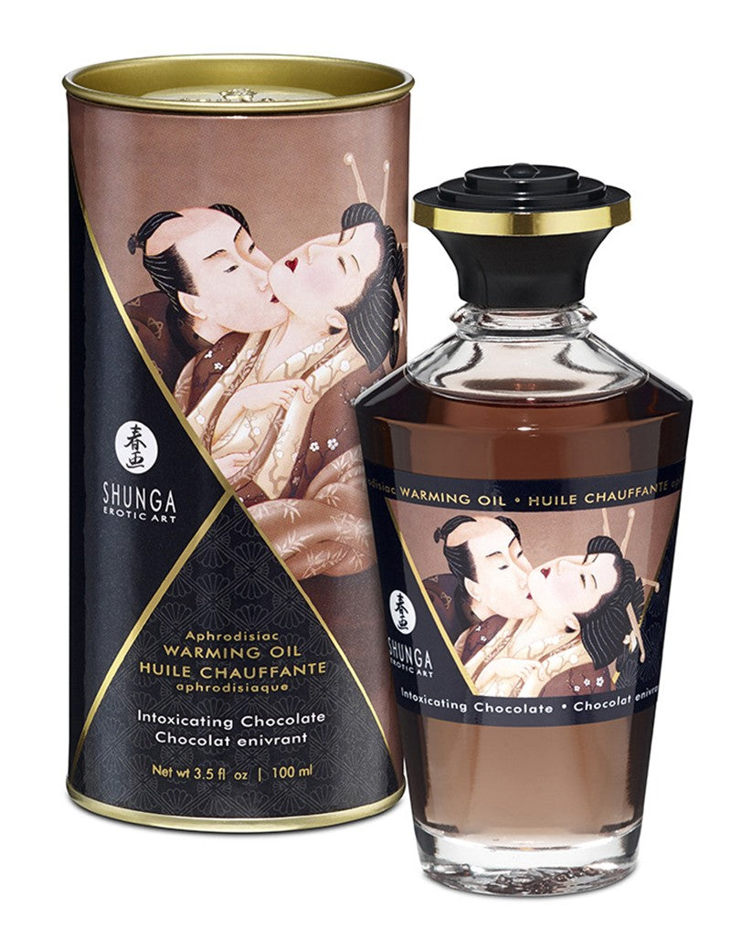 Shunga Aphrodisiac Warming Oil chocoladesmaak 100ml fles met Japanse erotische illustratie