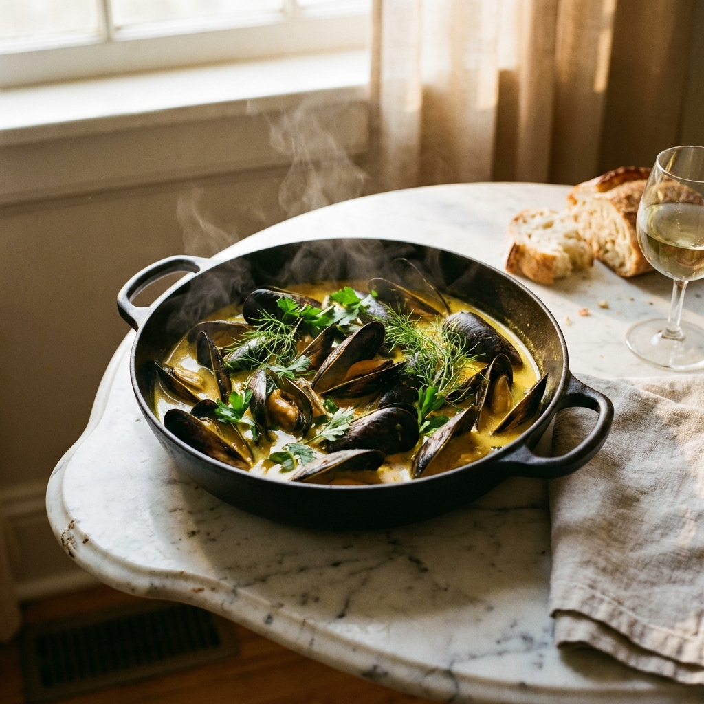gietijzeren pan met mosselen