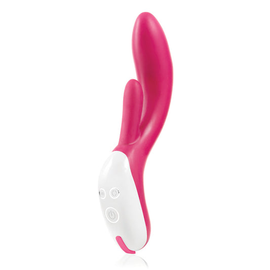 Roze-witte Nexus Femme Bisous rabbit vibrator met dubbele stimulatie-armen en bedieningsknoppen op het handvat