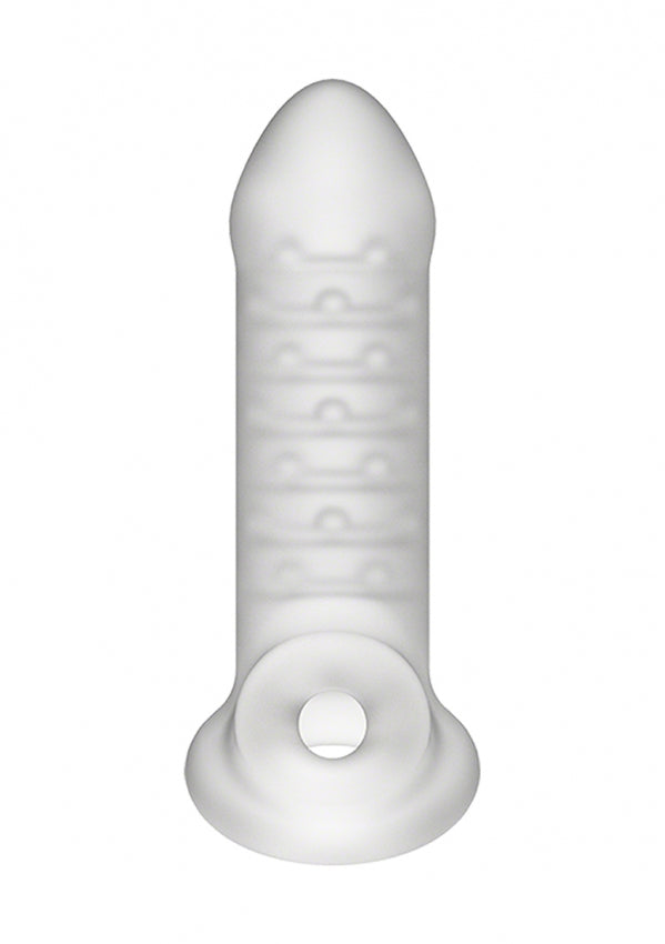 Close-up detail van transparant materiaal en flexibele opening van de penis sleeve