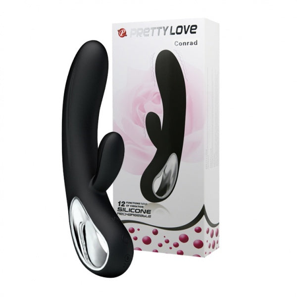 Zwarte Pretty Love Conrad rabbit vibrator met 12 vibratiefuncties naast de verpakking