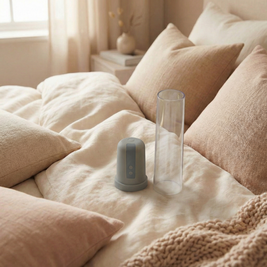 Zijaanzicht van medische erectiepomp met transparante cilinder en bedieningspaneel