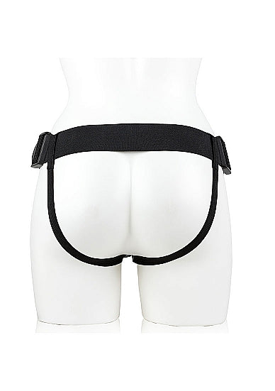 Zijaanzicht strapon met holle dildo, toont ergonomisch harnas en vibrerend onderdeel