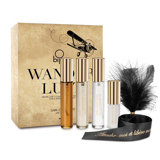 Bijoux Wanderlust geopende set met massageoliën, veertje en satijnen lint