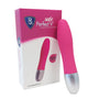 Roze Safe Perfect Vibrator met zilverkleurig handvat naast bijpassende roze-witte productverpakking