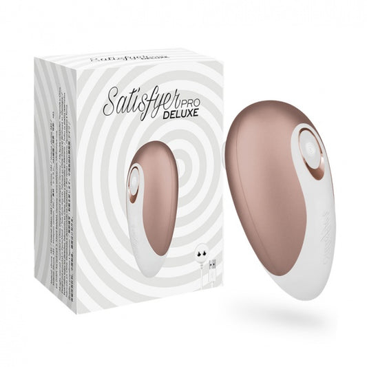 Satisfyer Pro 2 Deluxe luchtdrukstimulator in roségoud-wit naast witte verpakking met spiraaldesign