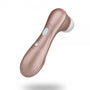 Close-up van Satisfyer Pro 2 bedieningspaneel met intensiteitsknoppen en siliconen textuur