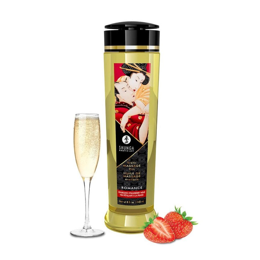 Shunga Romance massage-olie 240 ml, goudkleurige fles met Japanse kunst, aardbei-champagne geur.
