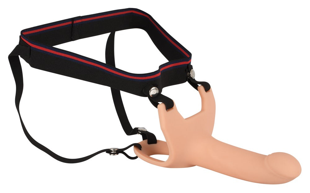 Complete verpakking met holle strap-on en bijbehorende accessoires van De Paarse Keizerin