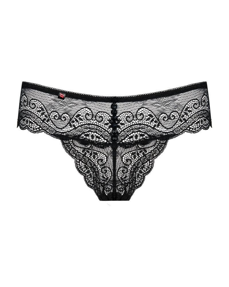 Close-up van het delicate materiaal en afwerking van de zwarte tanga