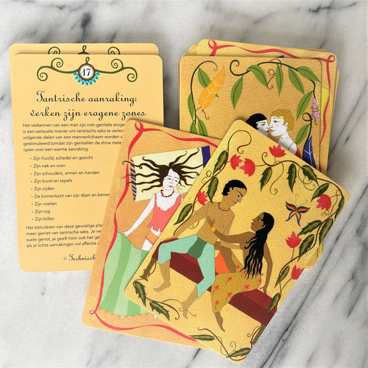 Close-up van Tantra instructiekaarten met leesbare tekst en illustraties