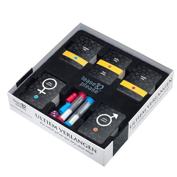 Verpakking en spelonderdelen van het intieme koppelsspel Ultiem Verlangen in overzicht