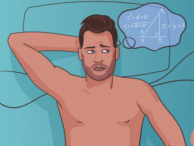 Illustratie van een man die in bed aan wiskunde denkt als afleidingstechniek om zaadlozing uit te stellen