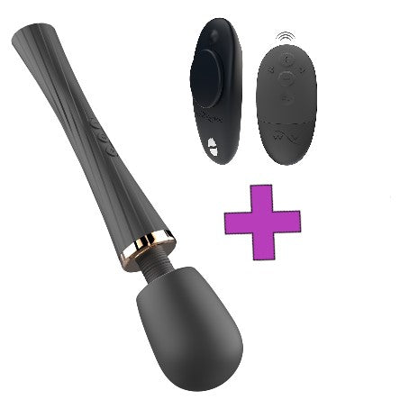 Zwarte wandvibrator met roségouden accent plus zwarte afstandsbediening en plusteken