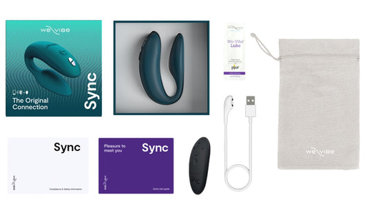We-Vibe Sync 2 roze verpakking met accessoires en oplaadkabel