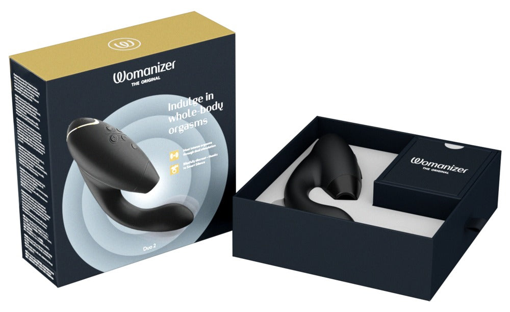Premium zwarte Womanizer Duo 2 met focus op Pleasure Air technologie opening